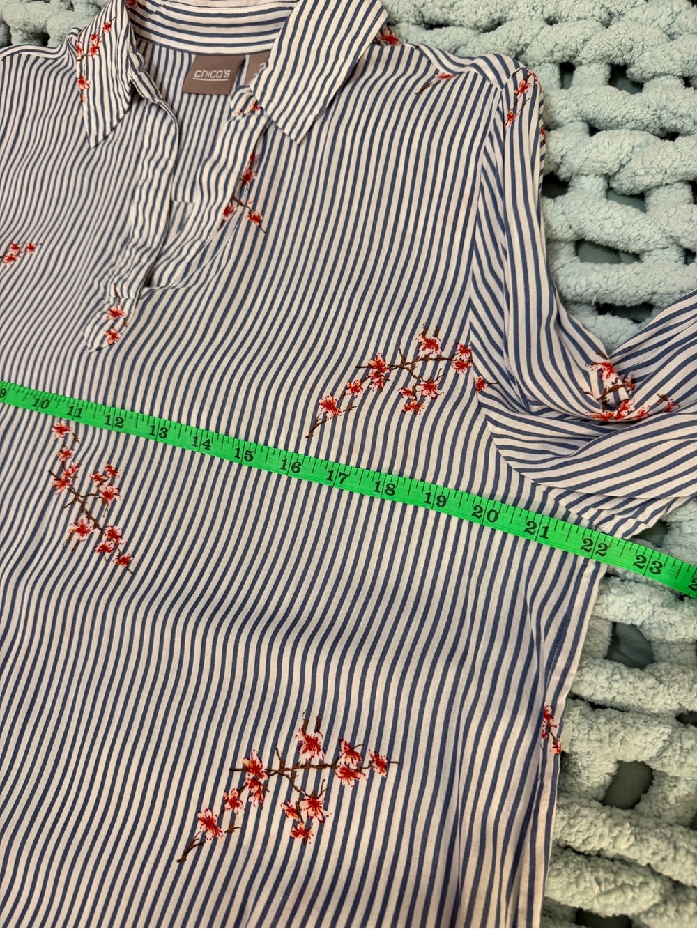 Chico's Blue & White Stripes with Red Cherry Blossom Long Sleeve Top Sz 2R (12R) - Picture 11 of 17